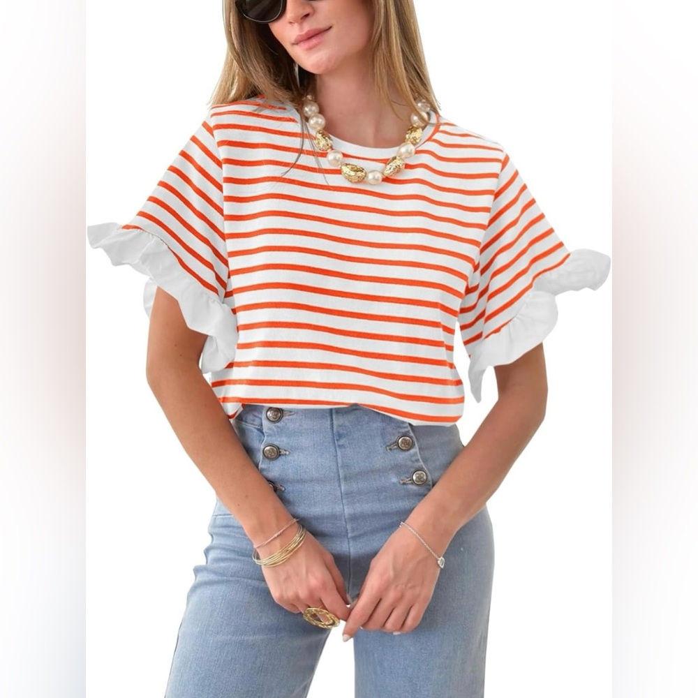 Striped Ruffle Sleeve Crewneck T-Shirt – Casual Summer Top for Women - NWT